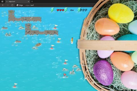 Basket of Easter eggs and a screenshot of hidden game in Microsoft Edge Browser. Collage by J.M. Diener | All Rights reserved