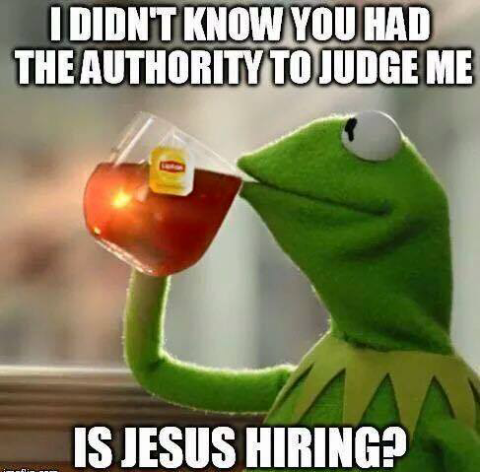 Kermit the Frog drinking Lipton tea with the caption I didn’t know you had the authority to judge me. Is Jesus hiring? | Public Domain