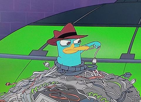 Perry the Platypus finds the load-bearing wire, screenshot from Tour de Ferb, Phineas and Ferb © 2011 Disney XD.