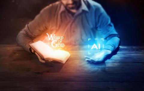 Man struggles to decide between the Word of God and Artificial Intelligence by Kevin Carden; Lightstock. Used by Permission.