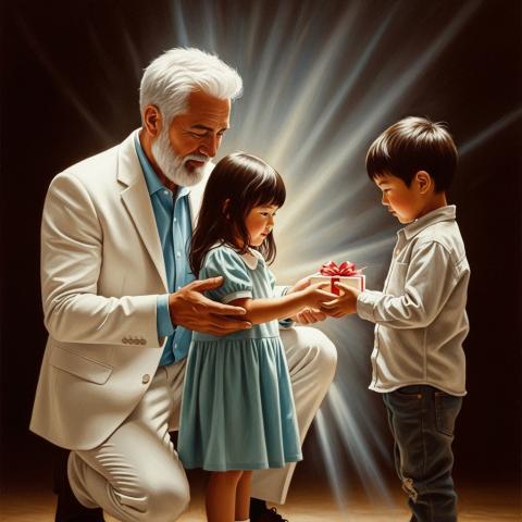 A father giving a gift to a boy through his daughter | Generated by Envato AI ImageGen | Used by Permission.