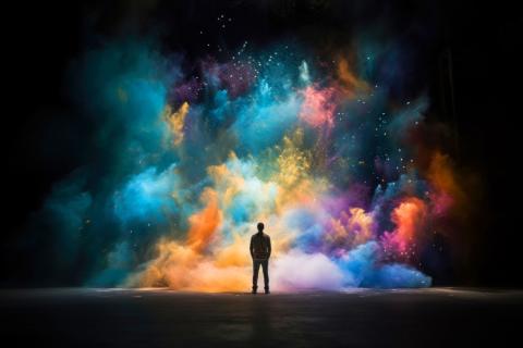 Man standing in front of a multicolored cloud | by Ontheroad at Lightstock | Used by Permission. Do not copy!