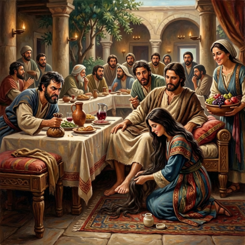 Mary of Bethany anoints Jesus' feet. | Generated with Envato Gen AI. Used by Permission. | THIS IMAGE MAY NOT BE USED ELSEWHERE!