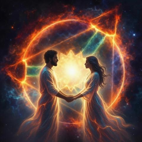 Man and woman reflecting the Trinity | Created with Grok Imagine / xAI